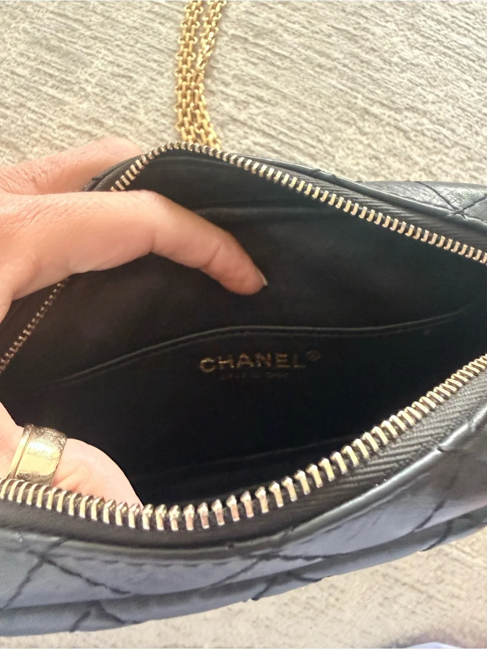 CHANEL Black Quilted Mini Camera Bag with Gold Chain